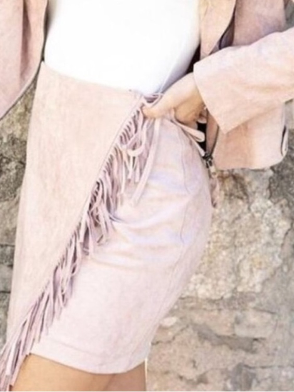 KITTENISH Fringed Wrap Mini Skirt - Blush Pink